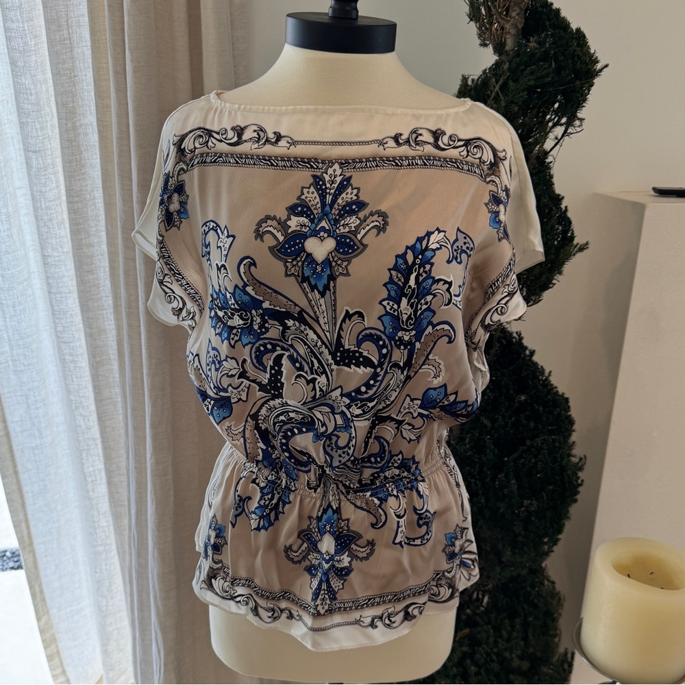 White House Black Market Elegant Blue and White Top with Peplum - Size XS